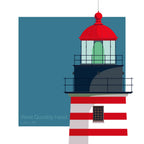 Illustration of West Quoddy Head Lighthouse, Maine, USA. A red-and-white horizontally striped tower, set against an aqua blue square backdrop.