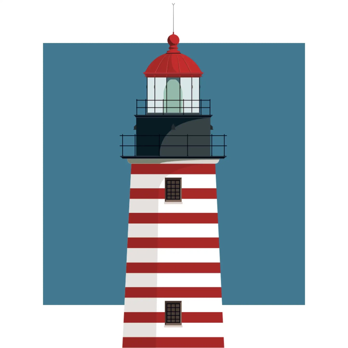 Illustration of the West Quoddy lighthouse, Main, USA. On a white background with aqua blue square as a backdrop.