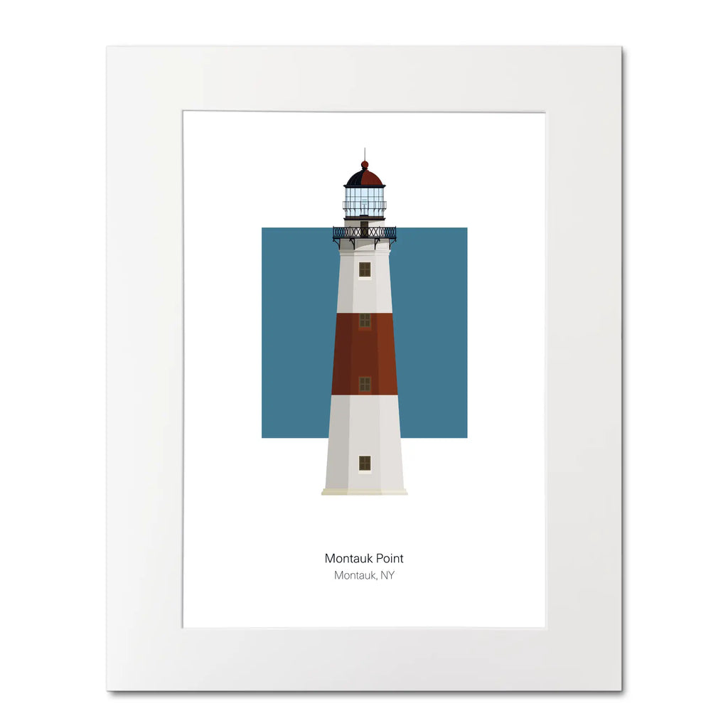 Illustration of the Montauk lighthouse, New York, USA. On a white background with aqua blue square as a backdrop, mounted and measuring 16"x 20" (40x50cm).