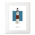 Illustration of the Montauk lighthouse, New York, USA. On a white background with aqua blue square as a backdrop, mounted and measuring 16"x 20" (40x50cm).