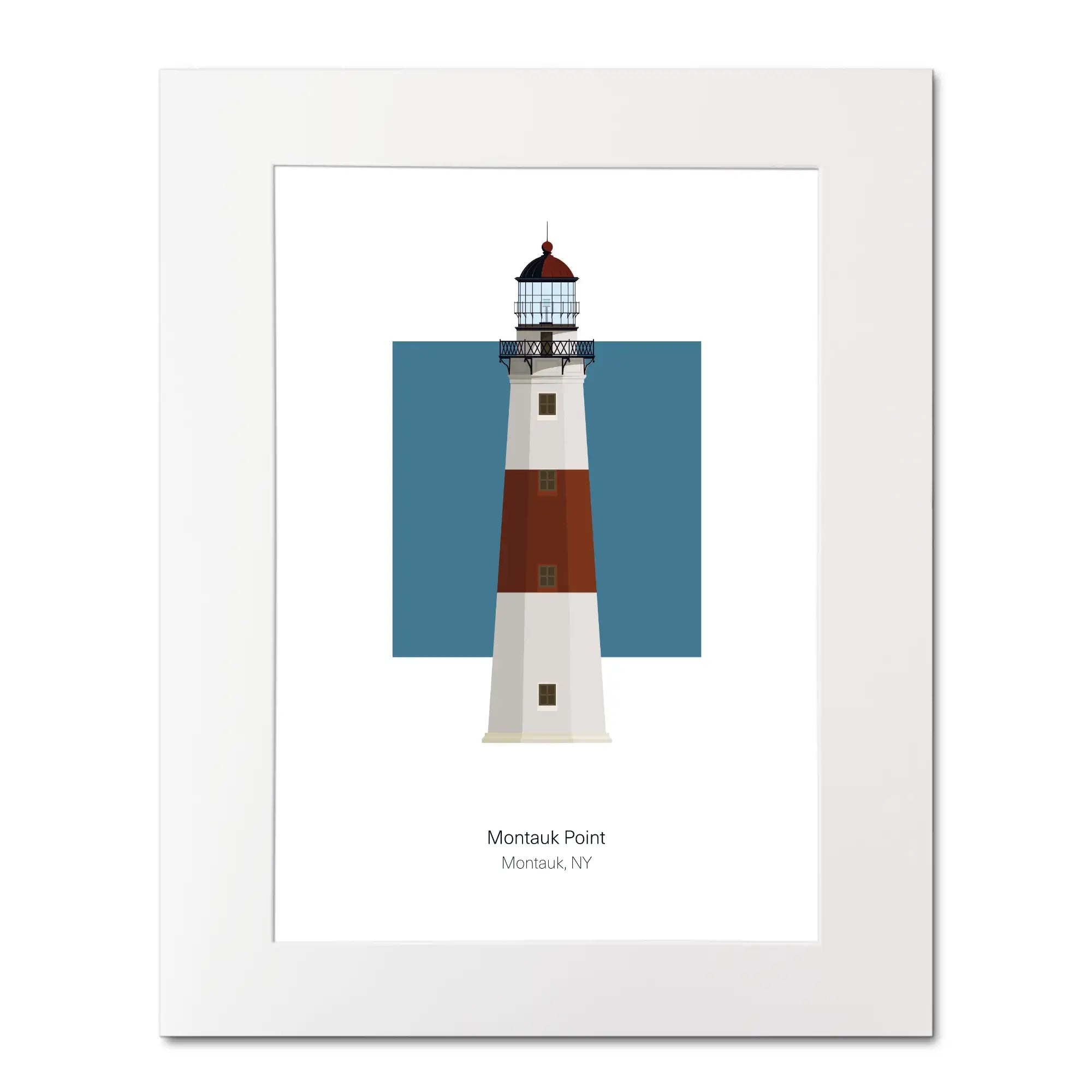 Illustration of the Montauk lighthouse, New York, USA. On a white background with aqua blue square as a backdrop, mounted and measuring 16"x 20" (40x50cm).