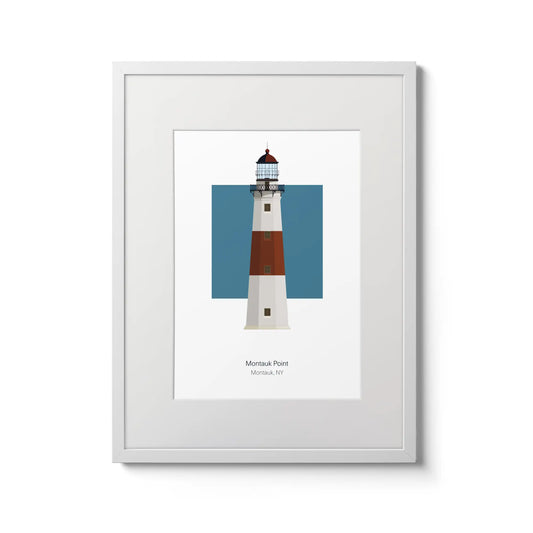 Illustration of the Montauk lighthouse, New York, USA. On a white background with aqua blue square as a backdrop., in a white frame and measuring 12"x16" (30x40cm).