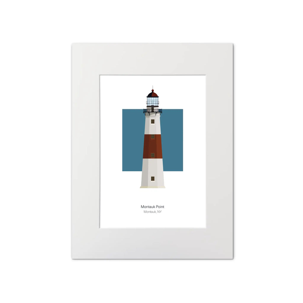 Illustration of the Montauk lighthouse, New York, USA. On a white background with aqua blue square as a backdrop, mounted and measuring 12"x16" (30x40cm).