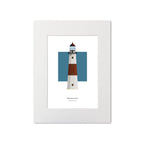 Illustration of the Montauk lighthouse, New York, USA. On a white background with aqua blue square as a backdrop, mounted and measuring 12"x16" (30x40cm).