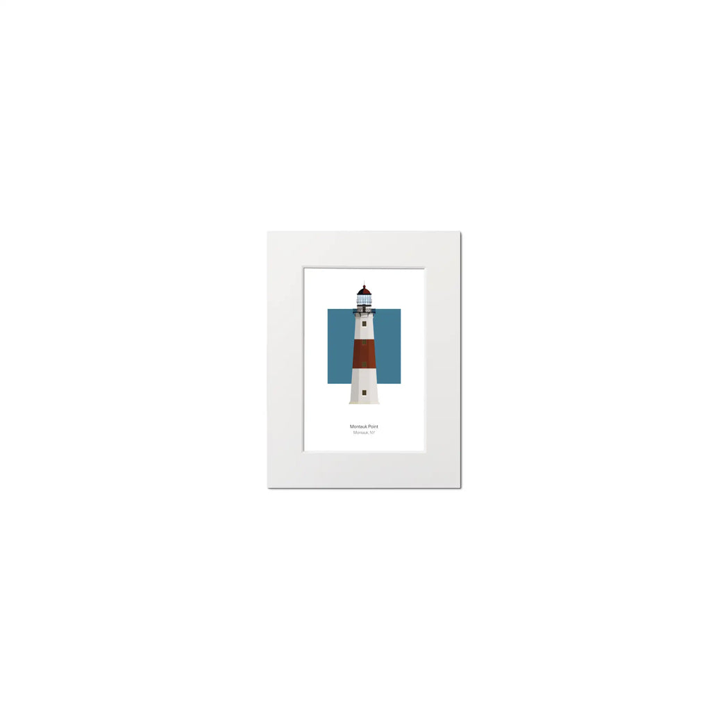 Illustration of the Montauk lighthouse, New York, USA. On a white background with aqua blue square as a backdrop, mounted and measuring 6"x8" (15x20cm).