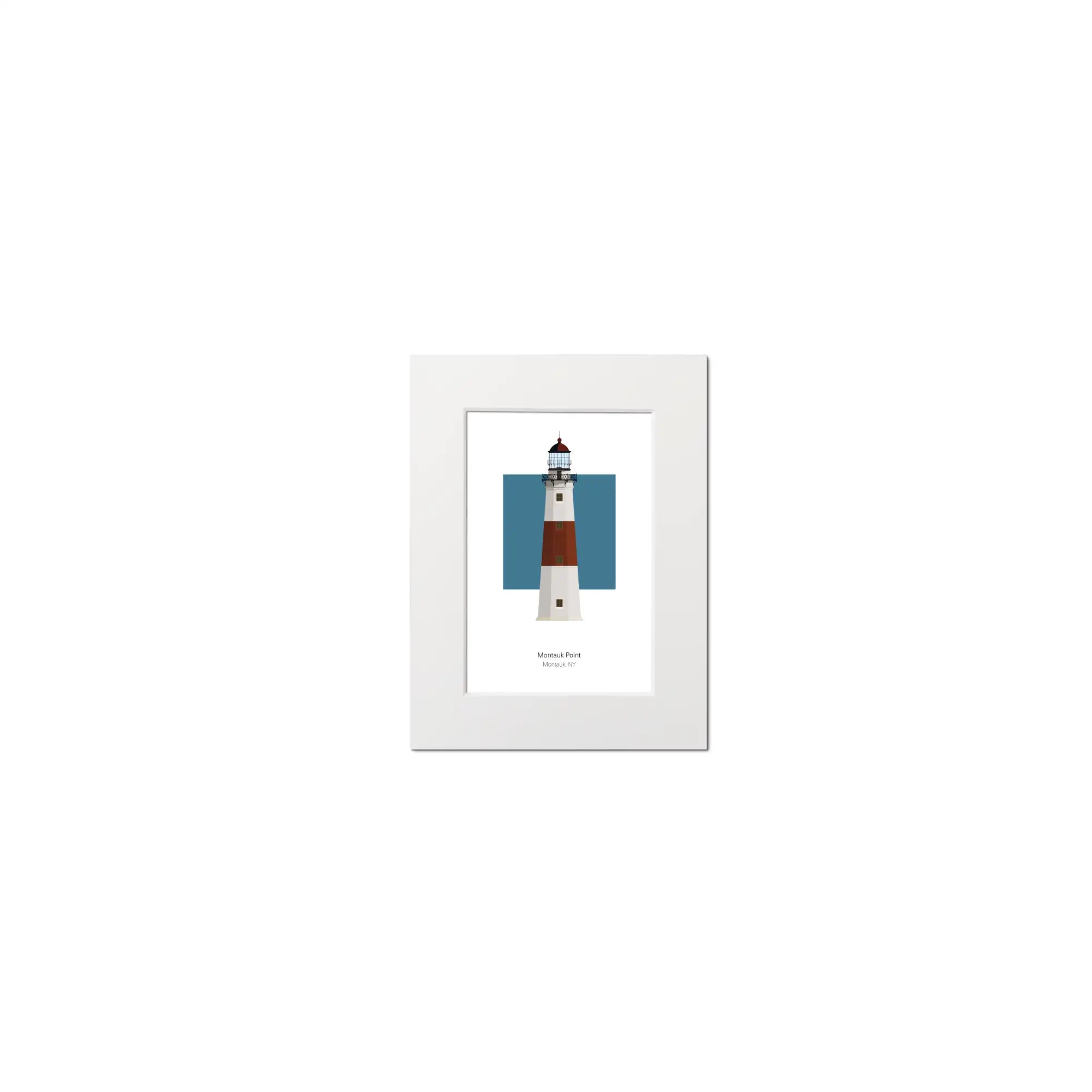 Illustration of the Montauk lighthouse, New York, USA. On a white background with aqua blue square as a backdrop, mounted and measuring 6"x8" (15x20cm).