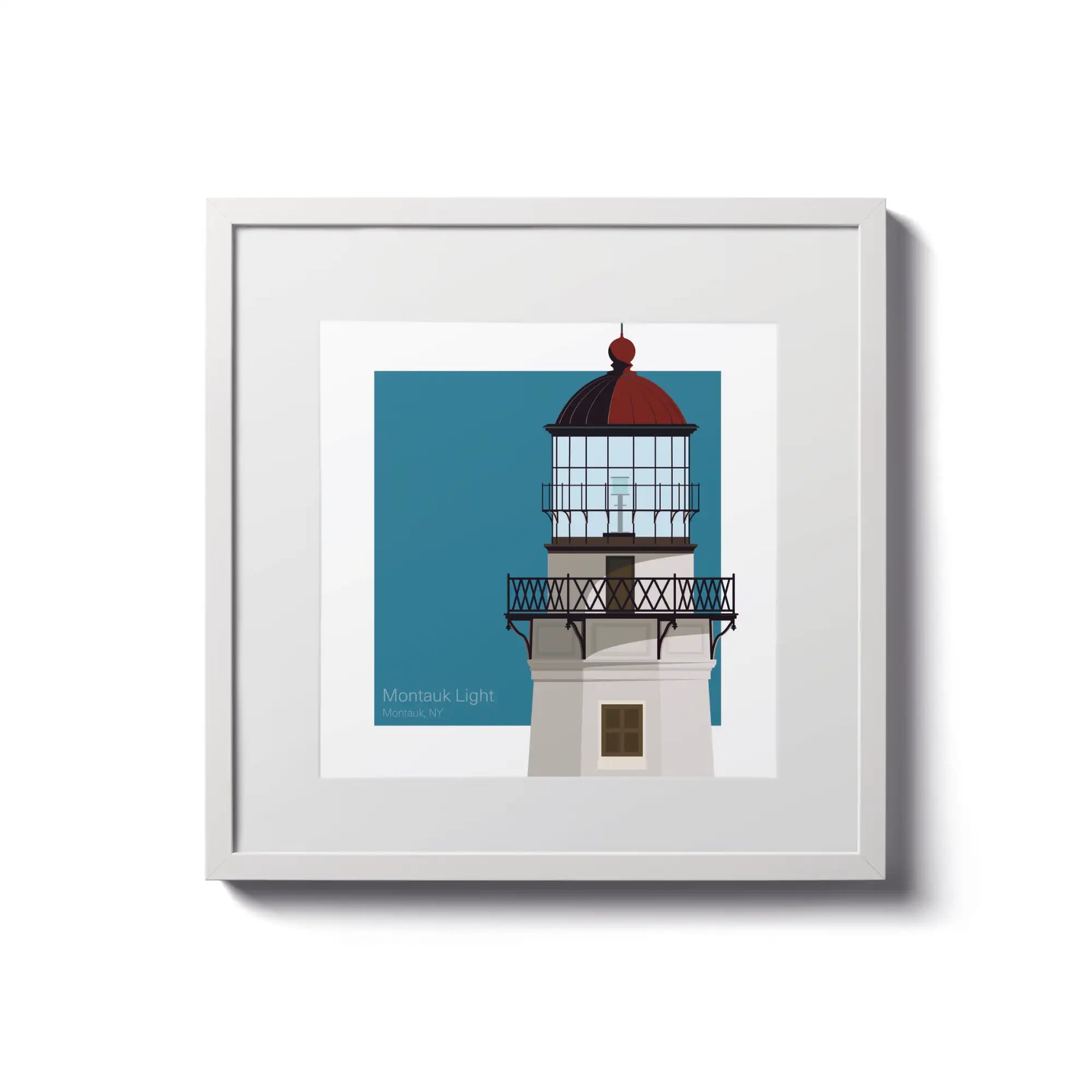 Framed print of Montauk Point Lighthouse, NY, USA. 8"x8" (20x20cm) white-framed lighthouse artwork featuring this historic structure.