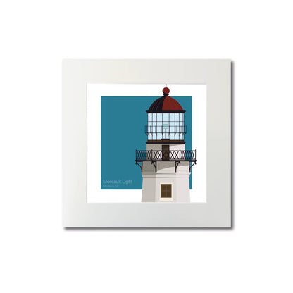 Mounted print of Montauk Point Lighthouse, NY, USA. 8"x8" (20x20cm) unframed artwork for a minimalist aesthetic.