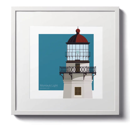 Large framed print of Montauk Point Lighthouse, NY, USA. A 12"x12" (30x30cm) framed lighthouse print for nautical-themed spaces.