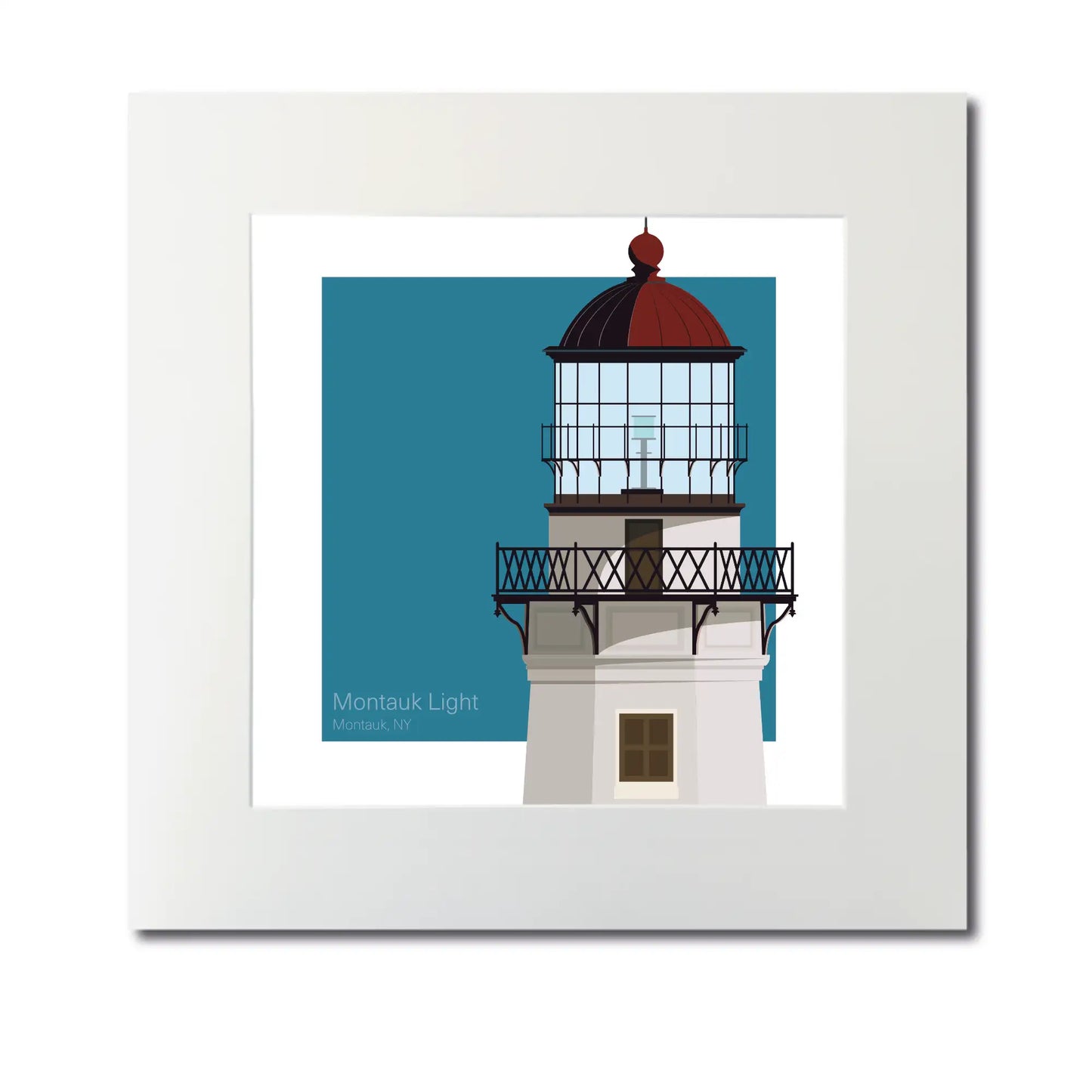 Large mounted print of Montauk Point Lighthouse, NY, USA. 12"x12" (30x30cm) unframed lighthouse illustration for coastal decor.