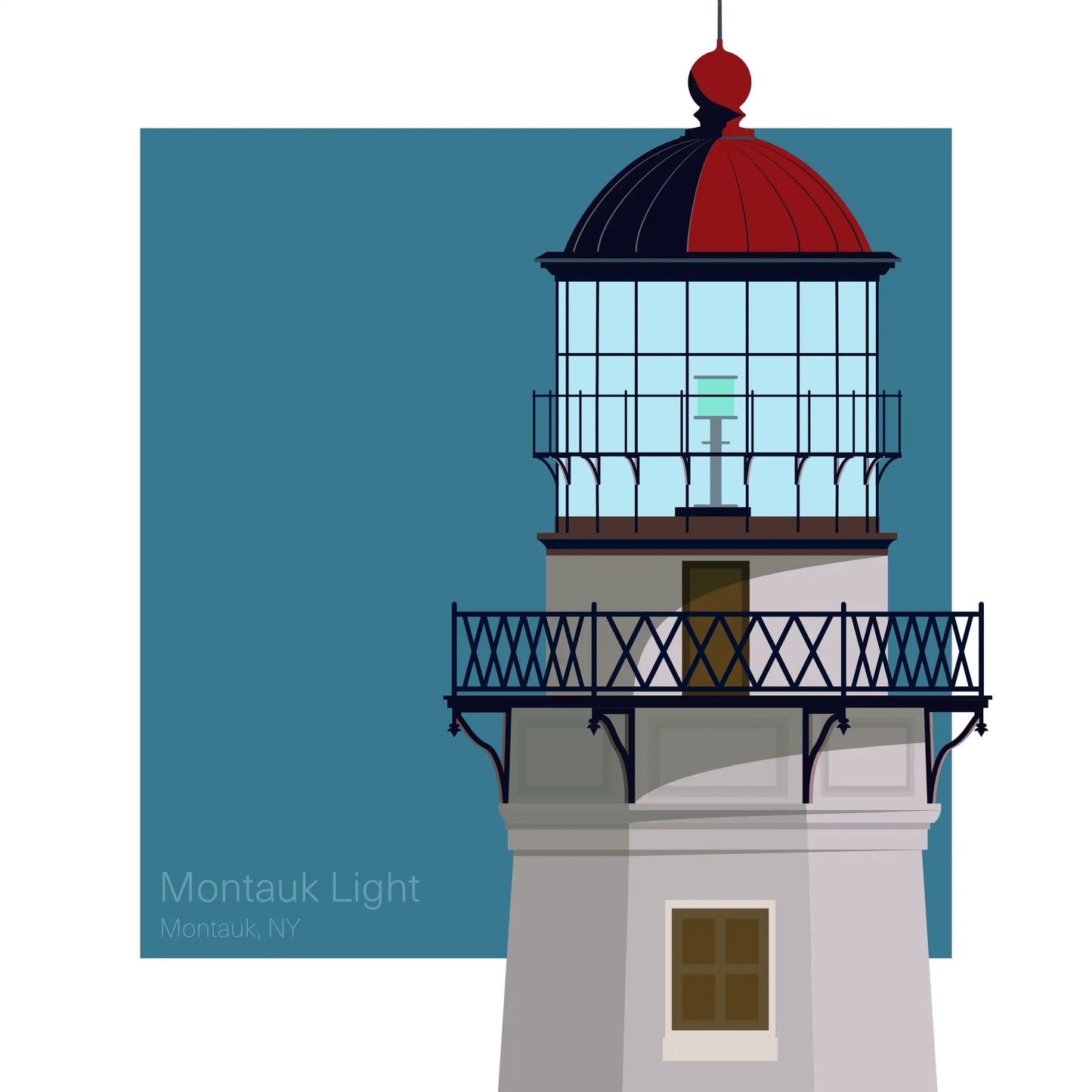 Illustration of Montauk Point Lighthouse, New York, USA. A white lighthouse with a red lantern section, displayed against an aqua blue square backdrop.