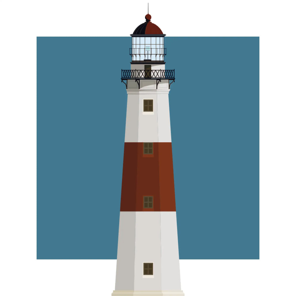 Illustration of the Montauk lighthouse, New York, USA. On a white background with aqua blue square as a backdrop.