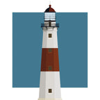 Illustration of the Montauk lighthouse, New York, USA. On a white background with aqua blue square as a backdrop.