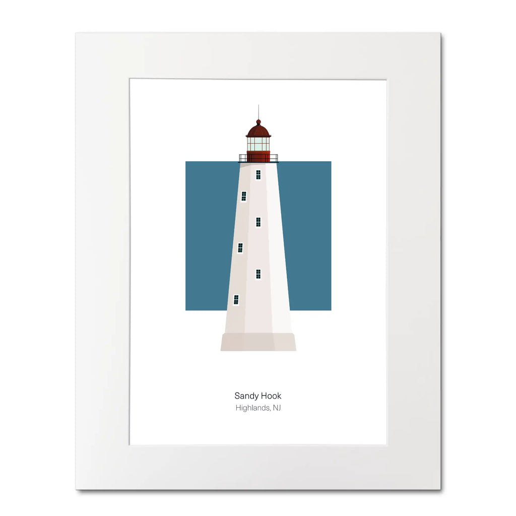 Illustration of the Sandy Hook, New Jersey, USA. On a white background with aqua blue square as a backdrop, mounted and measuring 16"x 20" (40x50cm).