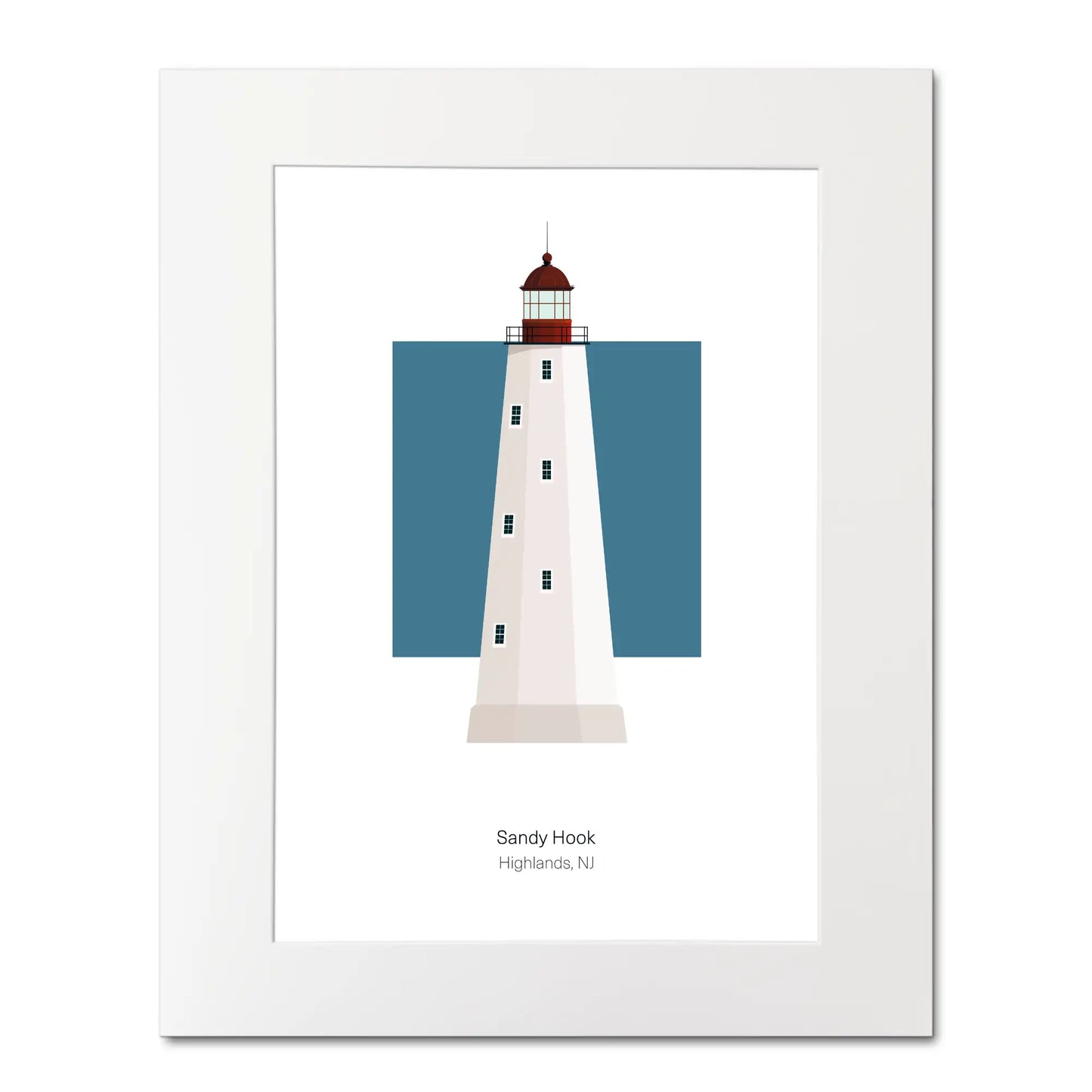 Illustration of the Sandy Hook, New Jersey, USA. On a white background with aqua blue square as a backdrop, mounted and measuring 16"x 20" (40x50cm).