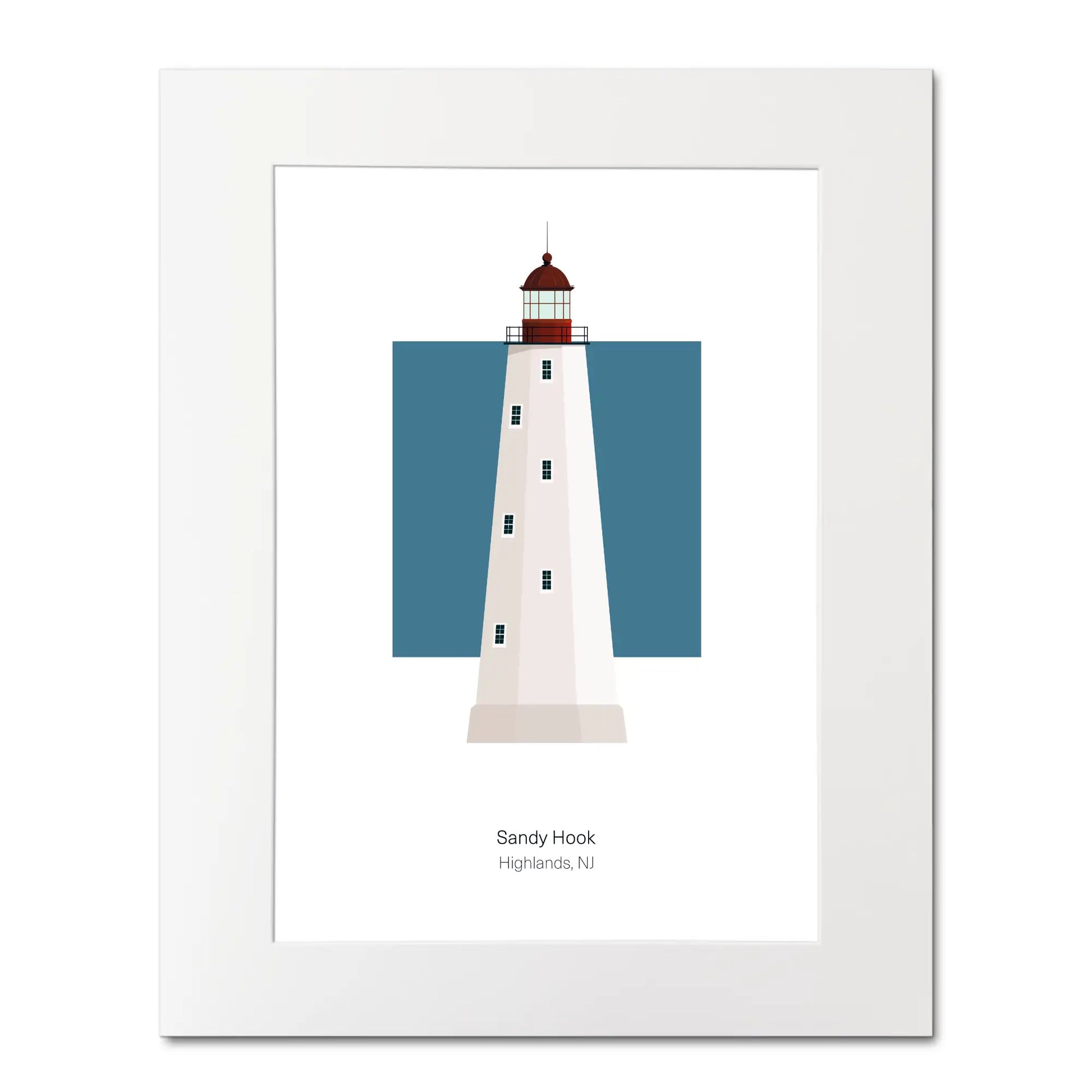 Illustration of the Sandy Hook, New Jersey, USA. On a white background with aqua blue square as a backdrop, mounted and measuring 16"x 20" (40x50cm).