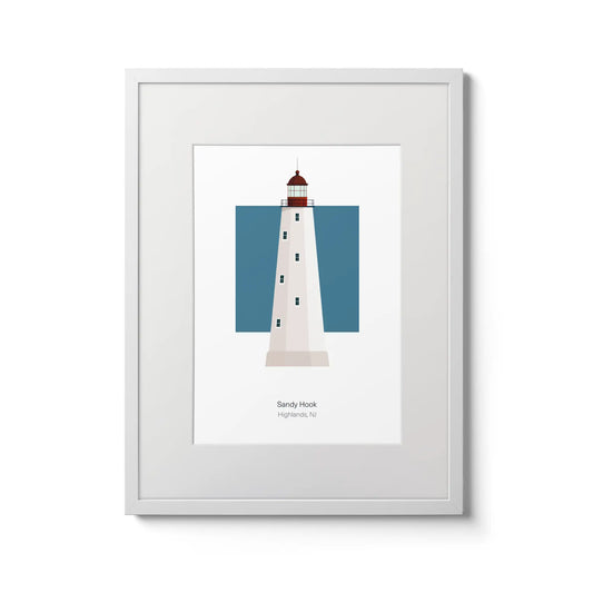 Illustration of the Sandy Hook, New Jersey, USA. On a white background with aqua blue square as a backdrop., in a white frame and measuring 12"x16" (30x40cm).