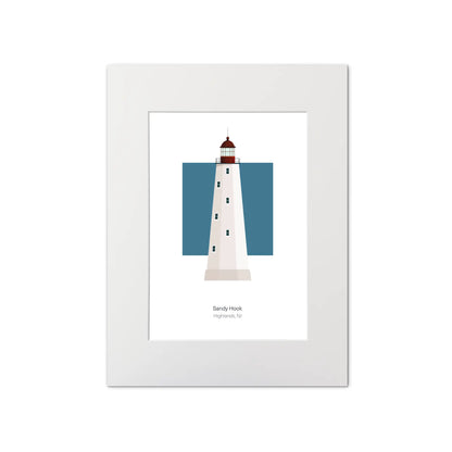 Illustration of the Sandy Hook, New Jersey, USA. On a white background with aqua blue square as a backdrop, mounted and measuring 12"x16" (30x40cm).