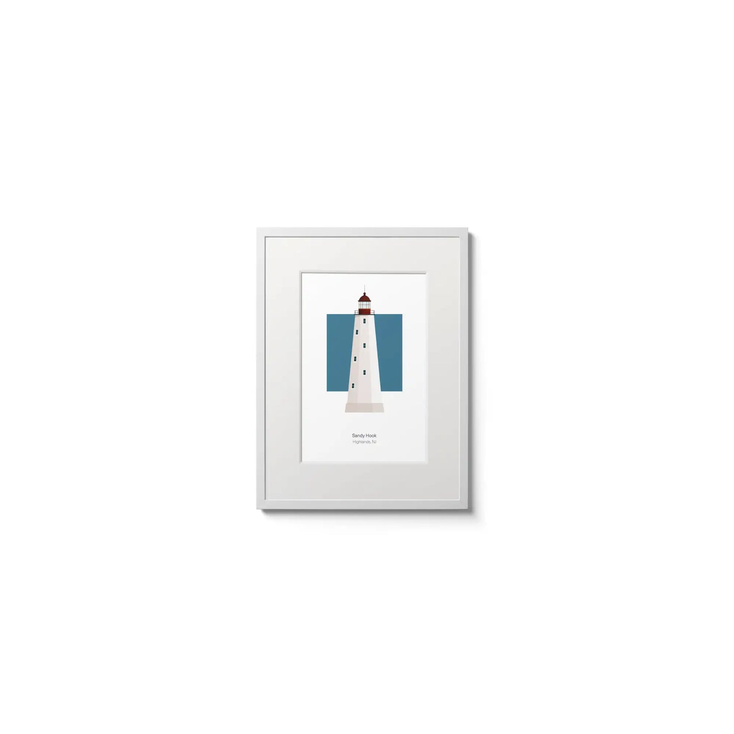 Illustration of the Sandy Hook, New Jersey, USA. On a white background with aqua blue square as a backdrop, in a white frame and measuring 6"x8" (15x20cm).