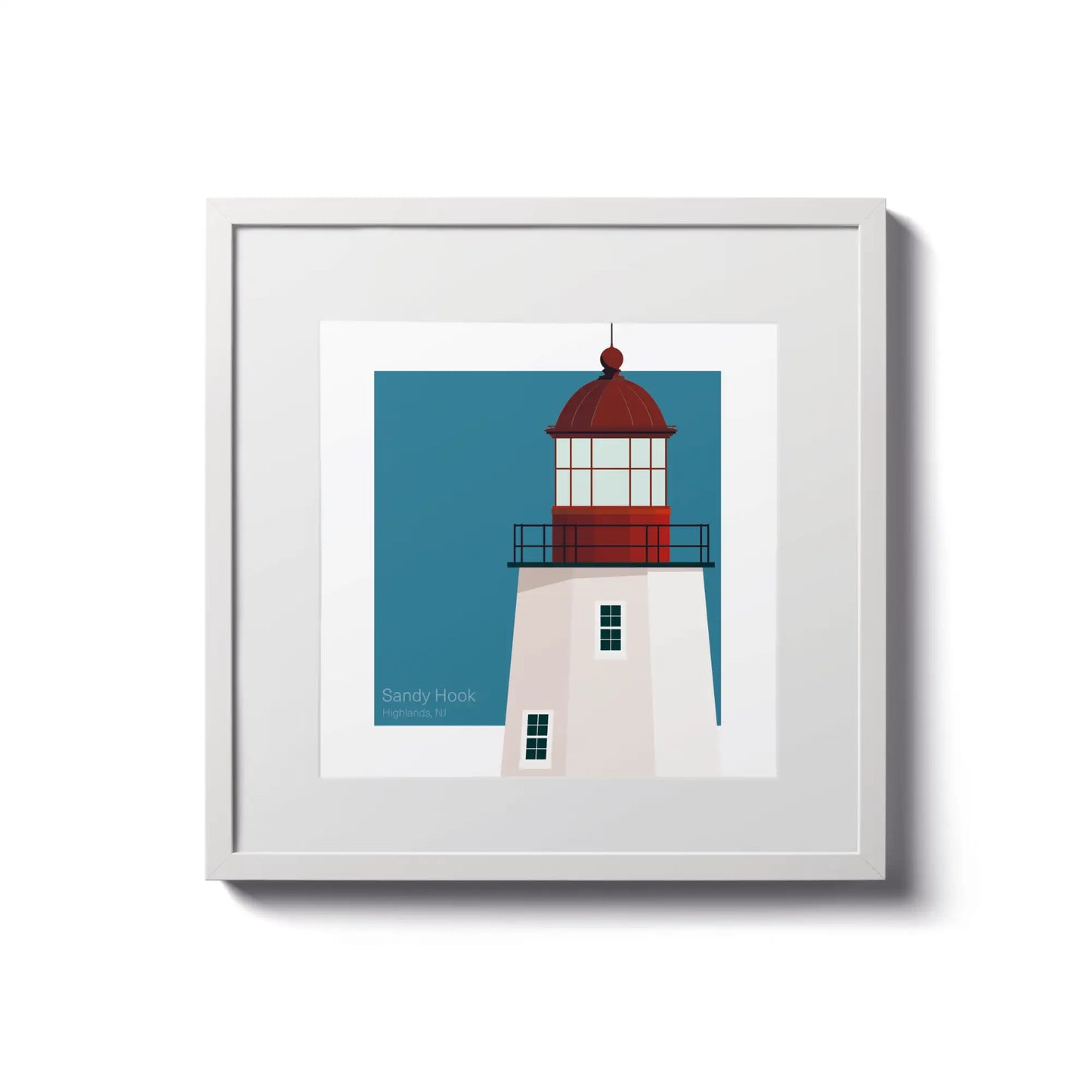 Framed print of Sandy Hook Lighthouse, NJ, USA. 8"x8" (20x20cm) white-framed artwork of this historic beacon.