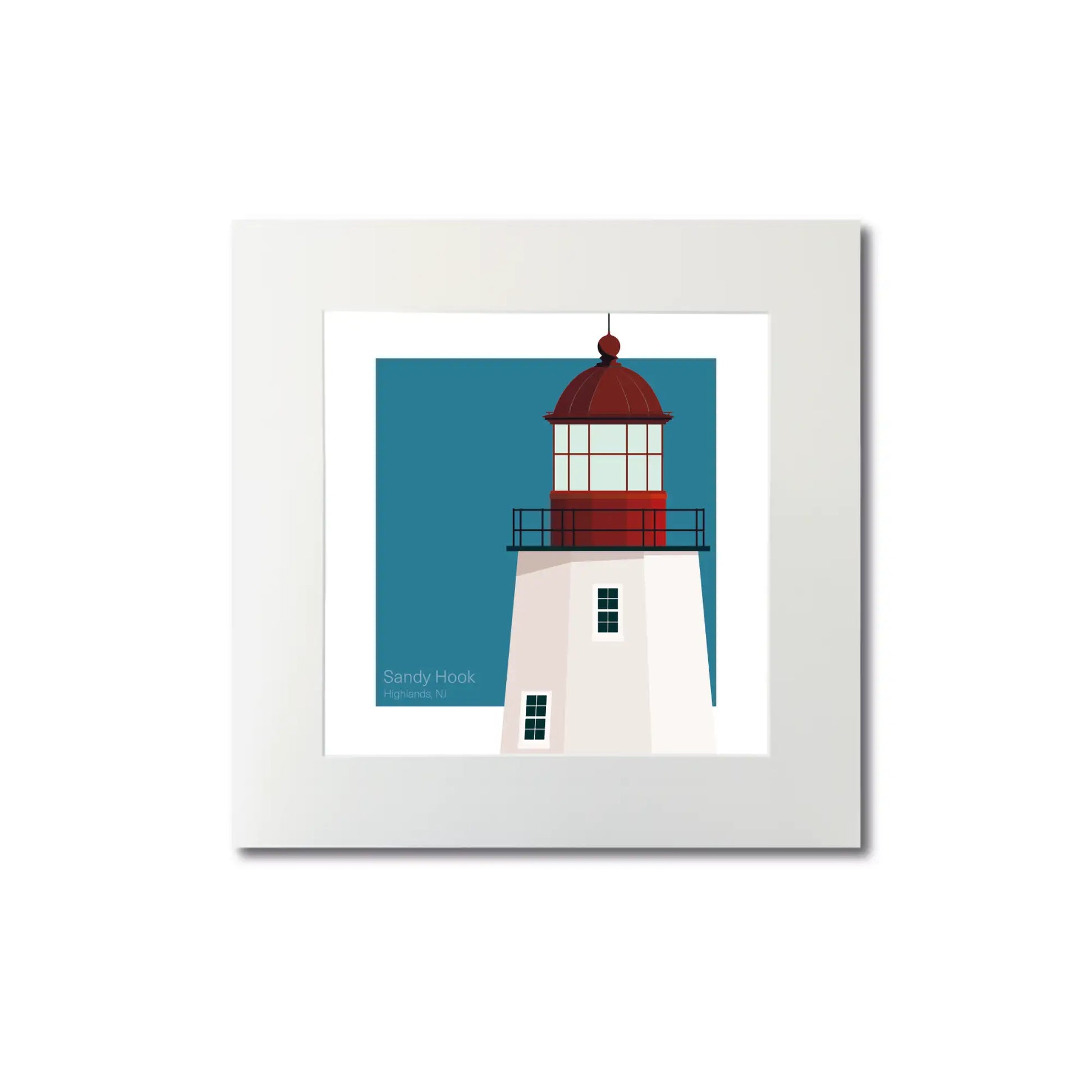 Mounted print of Sandy Hook Lighthouse, NJ, USA. 8"x8" (20x20cm) unframed lighthouse artwork with a clean look.