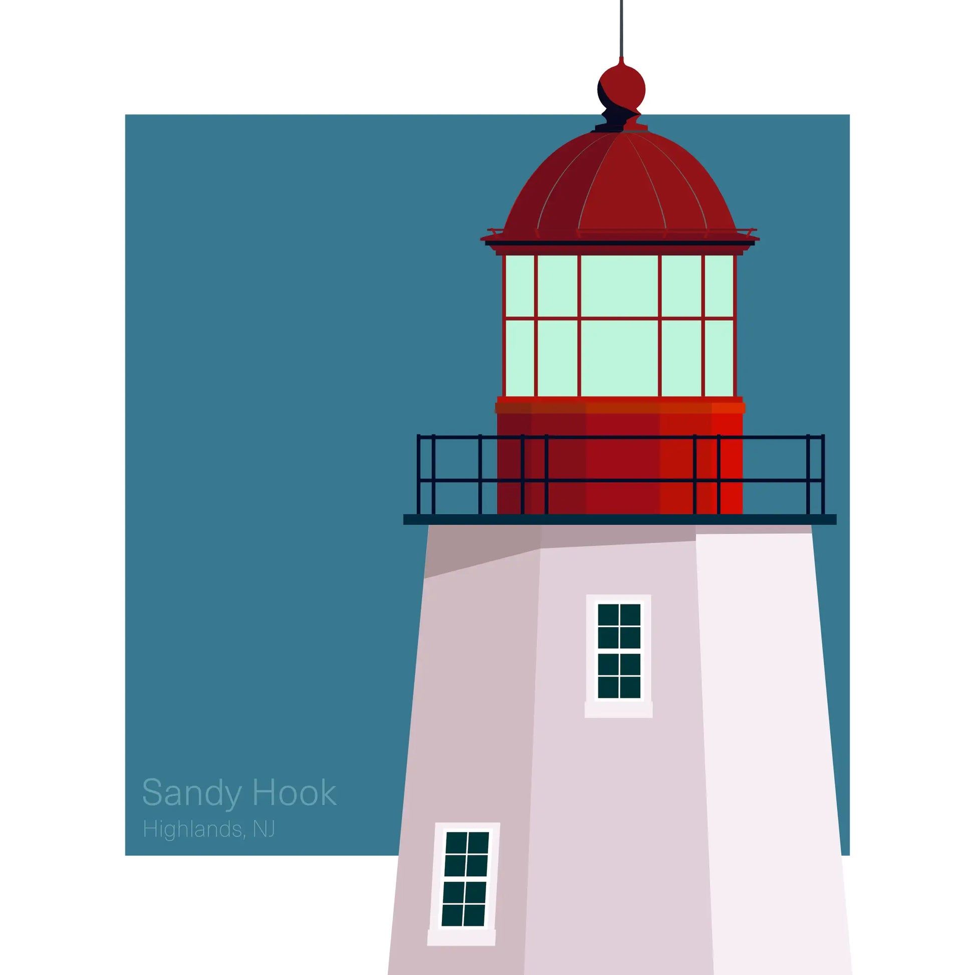 Illustration of Sandy Hook Lighthouse, New Jersey, USA. The oldest working lighthouse in the US, featuring a white tapered tower with black lantern, against an aqua blue square backdrop.