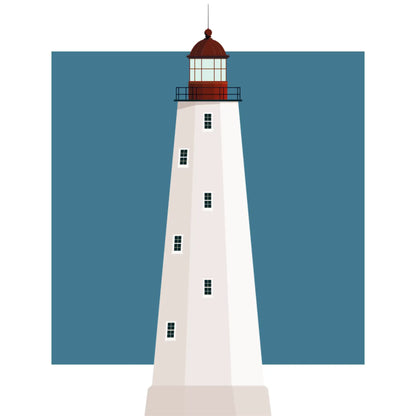 Illustration of the Sandy Hook, New Jersey, USA. On a white background with aqua blue square as a backdrop.