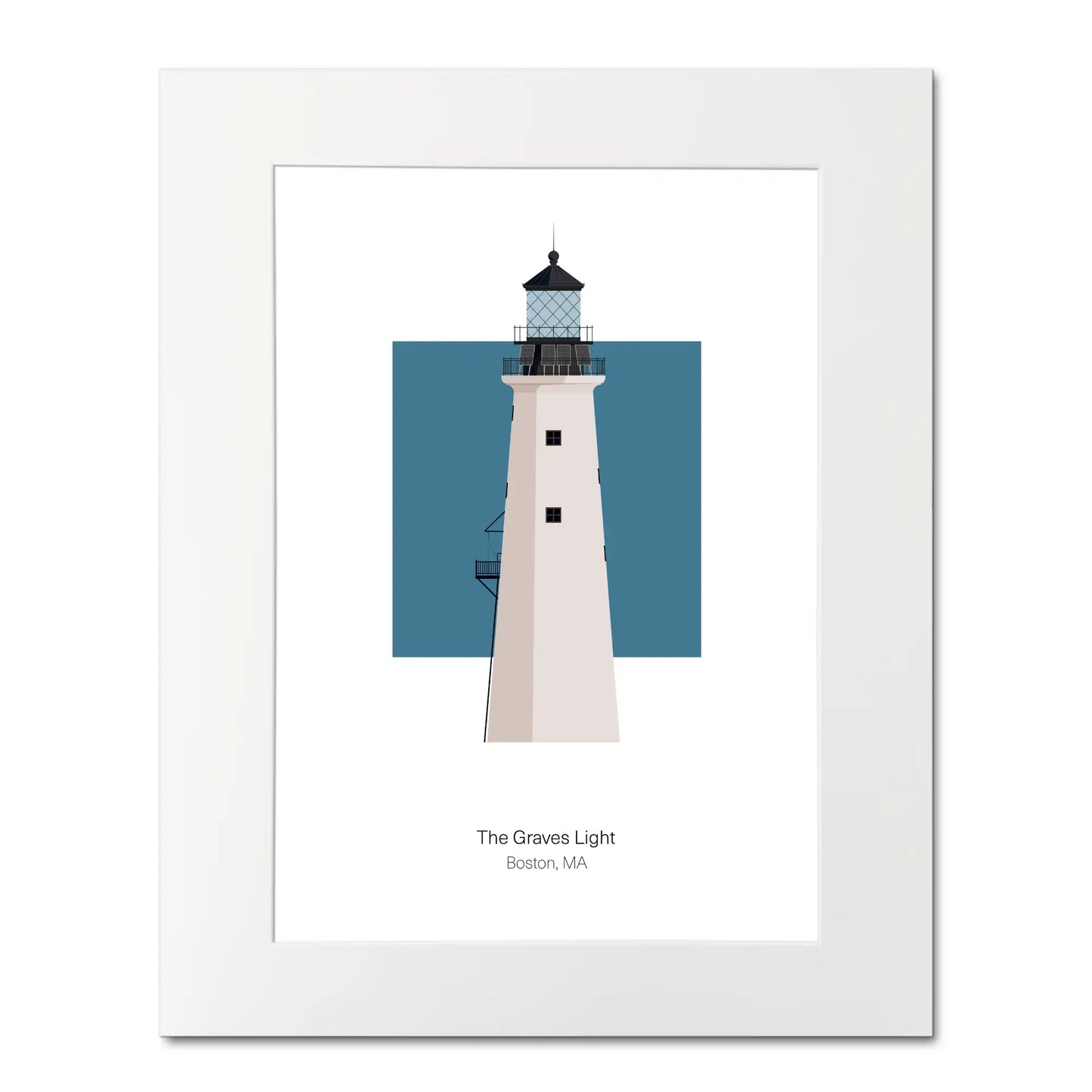 Illustration of the The Graves lighthouse, Massachusetts, USA. On a white background with aqua blue square as a backdrop, mounted and measuring 16"x 20" (40x50cm).