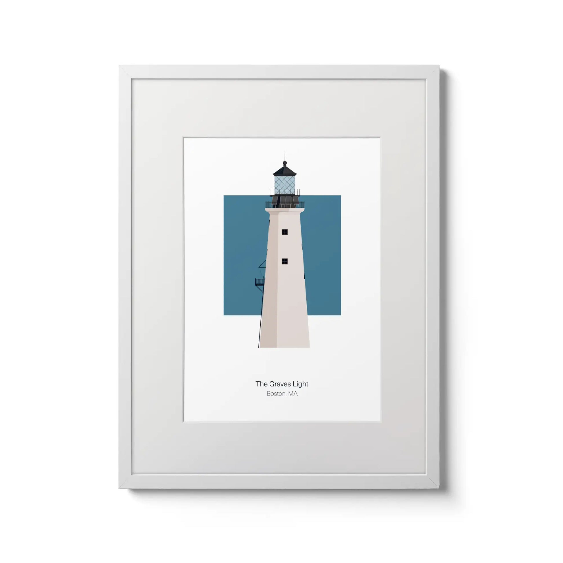 Illustration of the The Graves lighthouse, Massachusetts, USA. On a white background with aqua blue square as a backdrop., in a white frame and measuring 12"x16" (30x40cm).