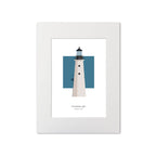 Illustration of the The Graves lighthouse, Massachusetts, USA. On a white background with aqua blue square as a backdrop, mounted and measuring 12"x16" (30x40cm).