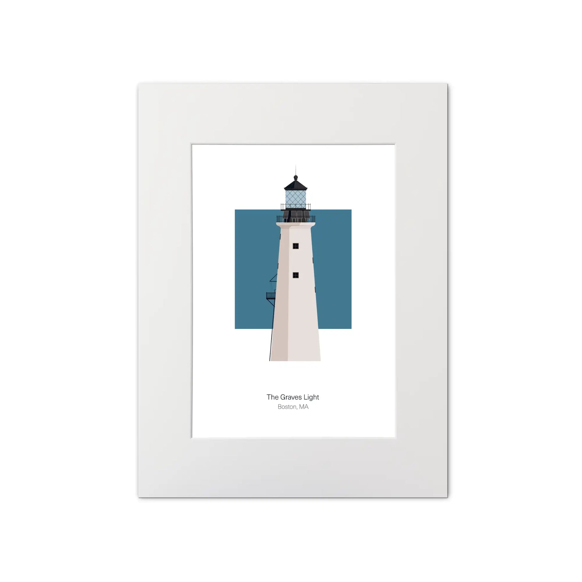 Illustration of the The Graves lighthouse, Massachusetts, USA. On a white background with aqua blue square as a backdrop, mounted and measuring 12"x16" (30x40cm).