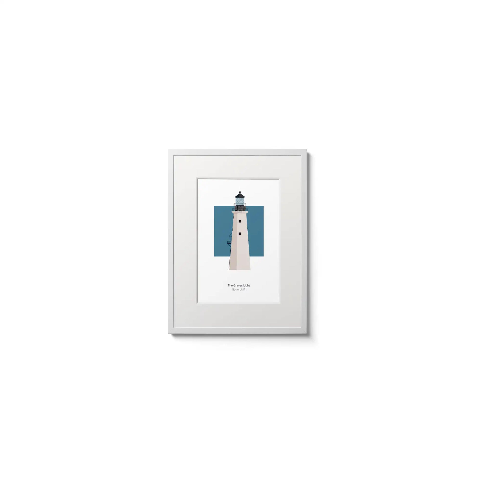 Illustration of the The Graves lighthouse, Massachusetts, USA. On a white background with aqua blue square as a backdrop, in a white frame and measuring 6"x8" (15x20cm).