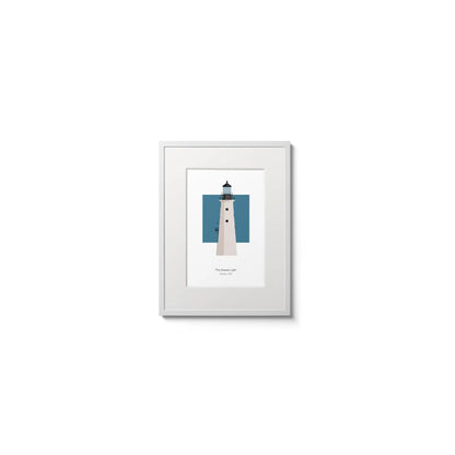 Illustration of the The Graves lighthouse, Massachusetts, USA. On a white background with aqua blue square as a backdrop, in a white frame and measuring 6"x8" (15x20cm).