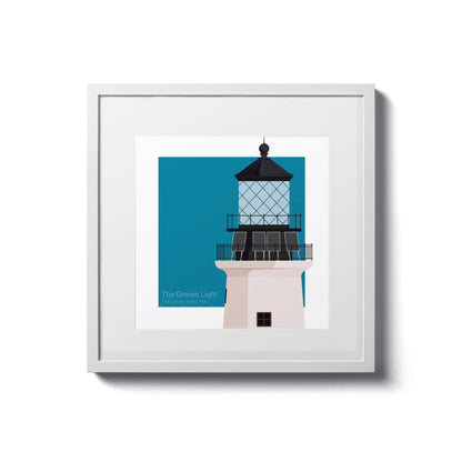 Framed print of The Graves Lighthouse, MA, USA. 8"x8" (20x20cm) white-framed artwork of this offshore lighthouse.