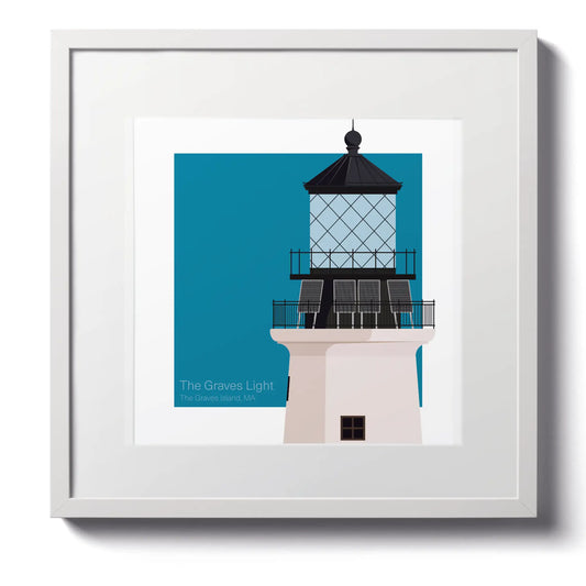 Large framed print of The Graves Lighthouse, MA, USA. A 12"x12" (30x30cm) framed nautical lighthouse print for maritime decor.