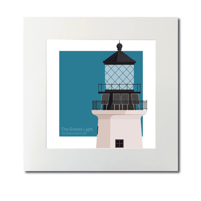 Large mounted print of The Graves Lighthouse, MA, USA. 12"x12" (30x30cm) unframed lighthouse illustration, perfect for nautical enthusiasts.