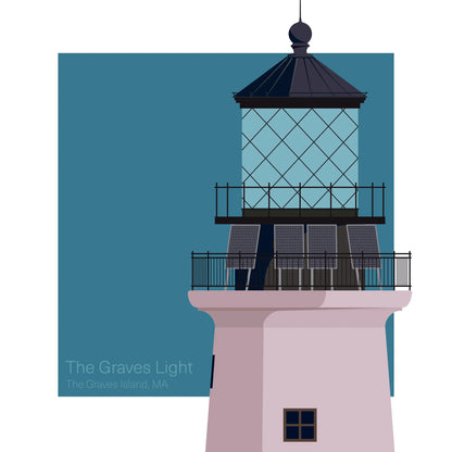 Illustration of The Graves Lighthouse, Massachusetts, USA. A rugged stone tower with a black lantern, positioned against an aqua blue square backdrop.