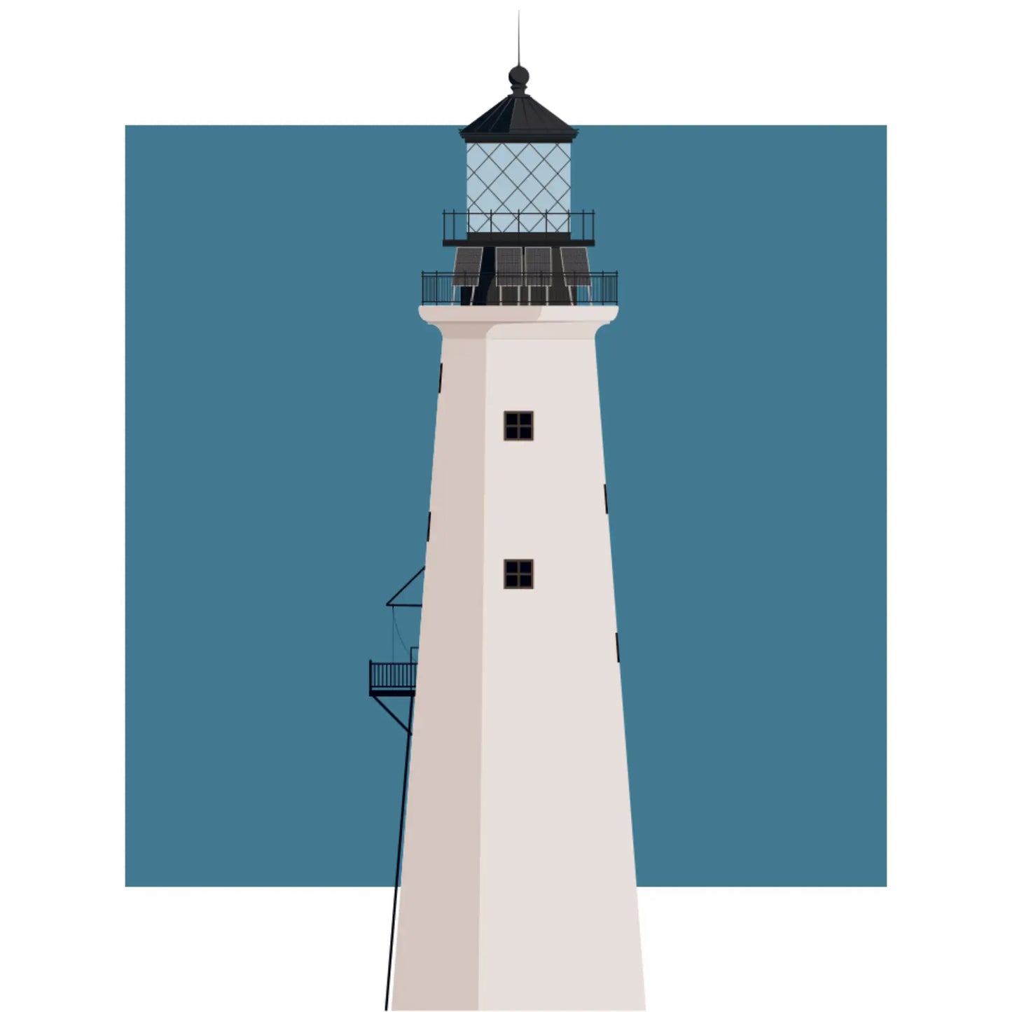 Illustration of the The Graves lighthouse, Massachusetts, USA. On a white background with aqua blue square as a backdrop.