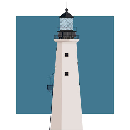 Illustration of the The Graves lighthouse, Massachusetts, USA. On a white background with aqua blue square as a backdrop.