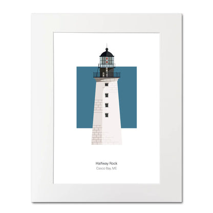 Illustration of the Halfway Rock lighthouse, Maine, USA. On a white background with aqua blue square as a backdrop, mounted and measuring 16"x 20" (40x50cm).