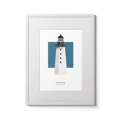 Illustration of the Halfway Rock lighthouse, Maine, USA. On a white background with aqua blue square as a backdrop., in a white frame and measuring 12"x16" (30x40cm).