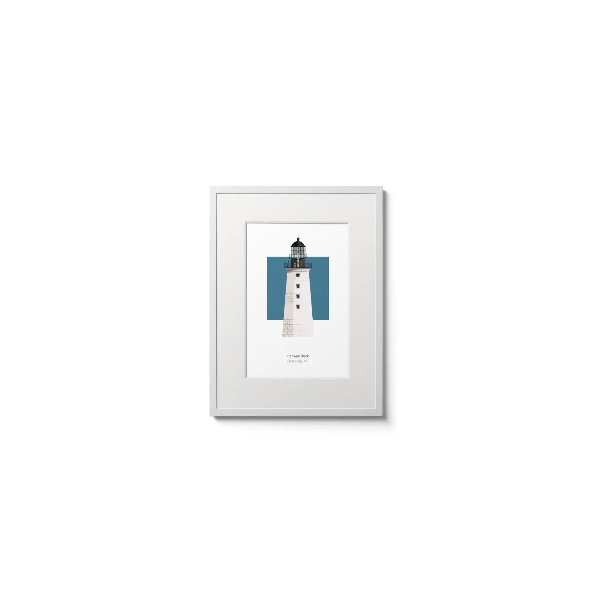 Illustration of the Halfway Rock lighthouse, Maine, USA. On a white background with aqua blue square as a backdrop, in a white frame and measuring 6"x8" (15x20cm).