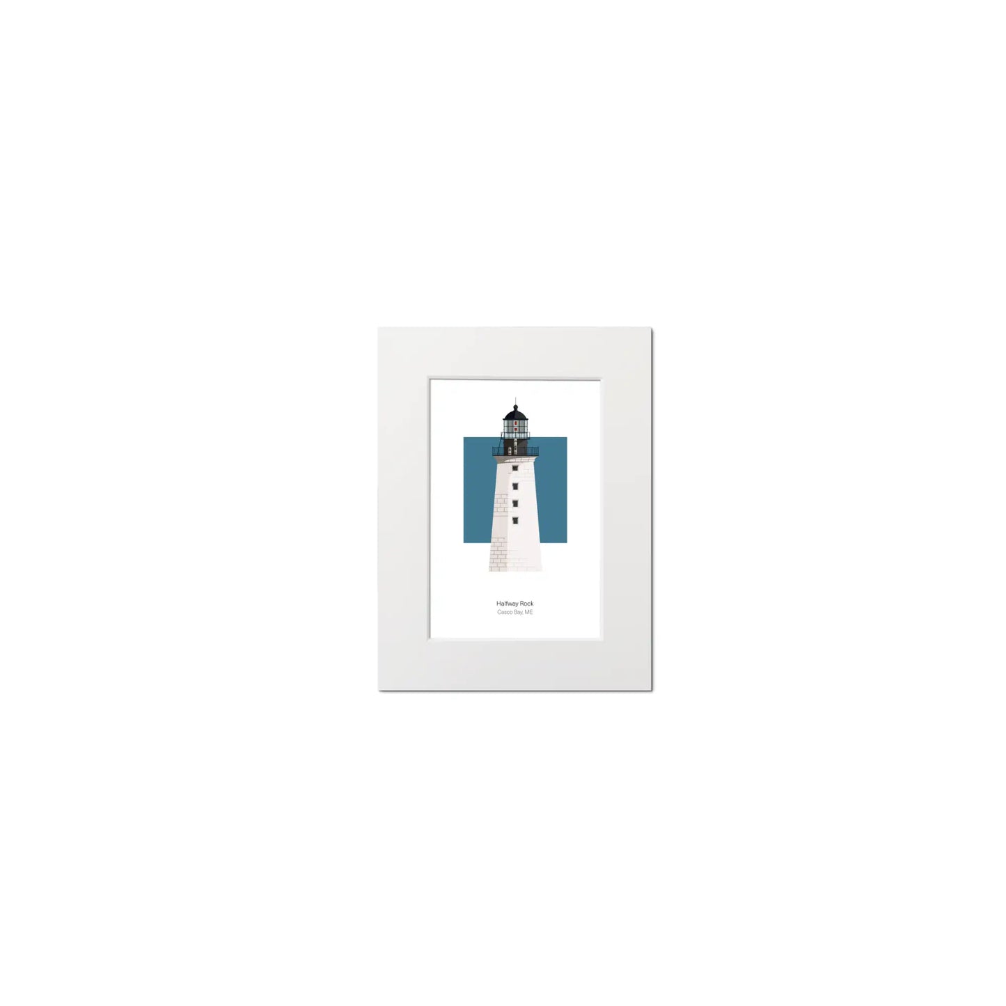 Illustration of the Halfway Rock lighthouse, Maine, USA. On a white background with aqua blue square as a backdrop, mounted and measuring 6"x8" (15x20cm).