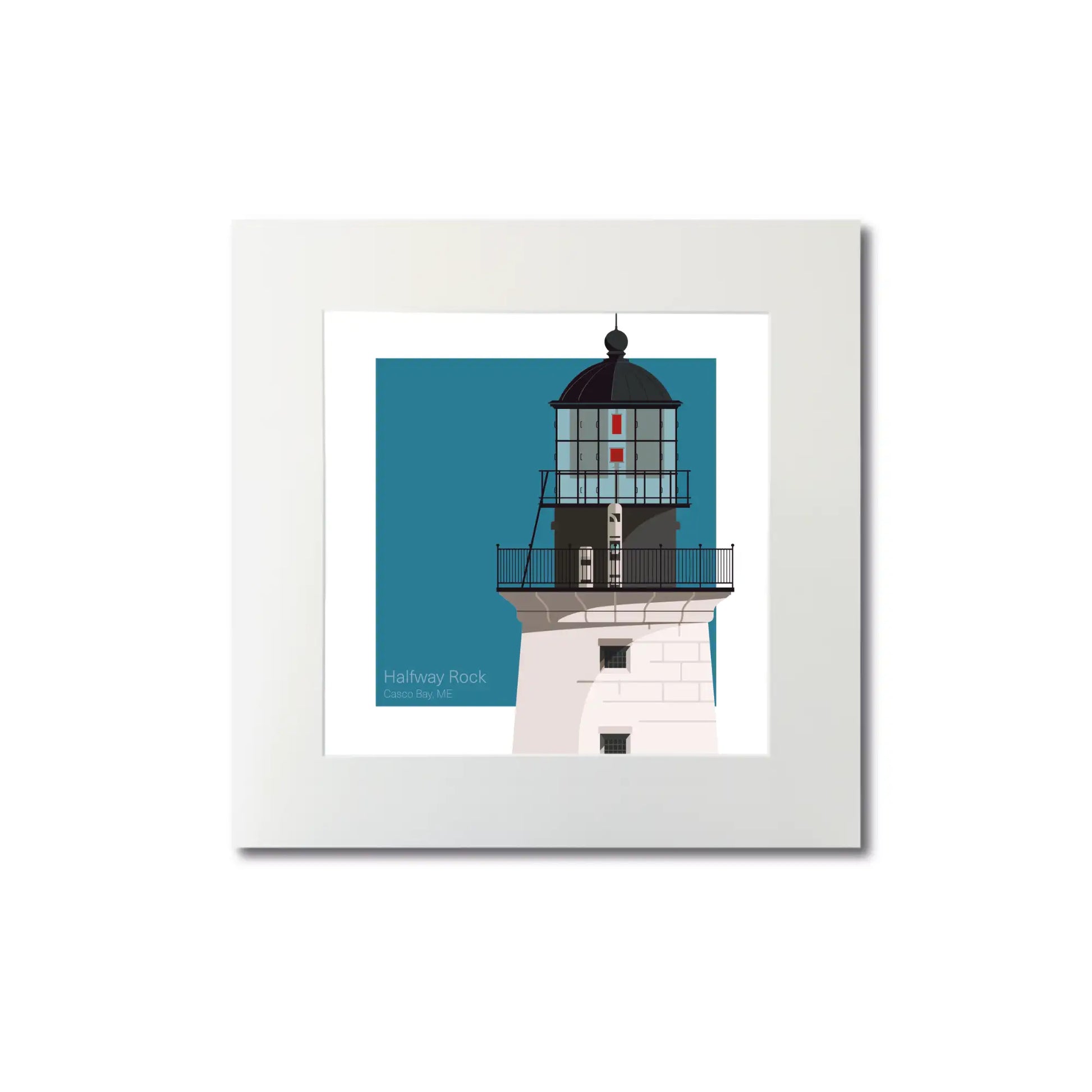 Mounted print of Halfway Rock Lighthouse, ME, USA. 8"x8" (20x20cm) unframed artwork showcasing its classic stone structure.