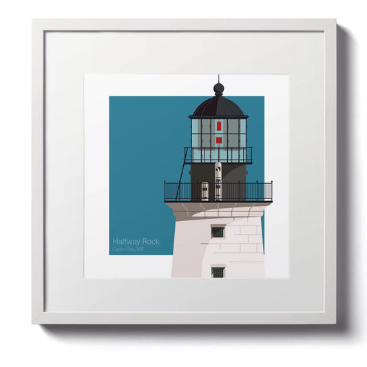 Large framed print of Halfway Rock Lighthouse, ME, USA. A 12"x12" (30x30cm) framed lighthouse print with nautical charm.