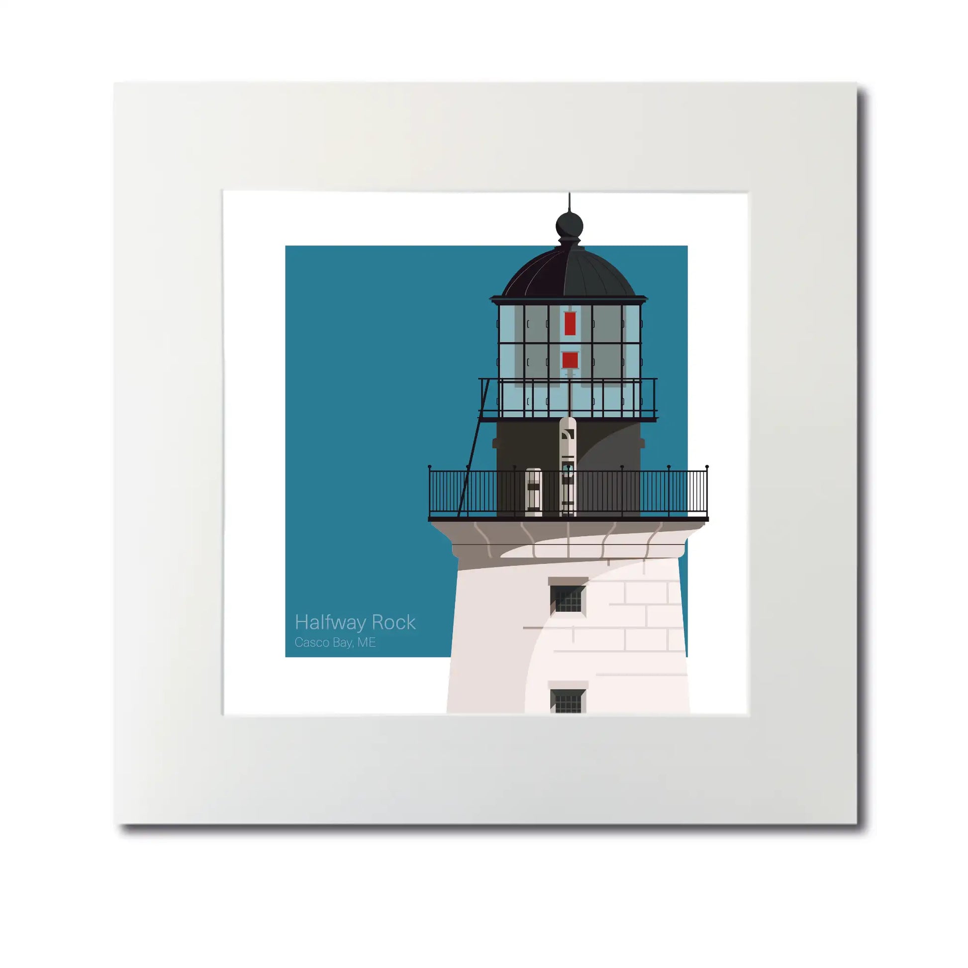 Large mounted print of Halfway Rock Lighthouse, ME, USA. 12"x12" (30x30cm) unframed lighthouse illustration for a maritime-themed space.