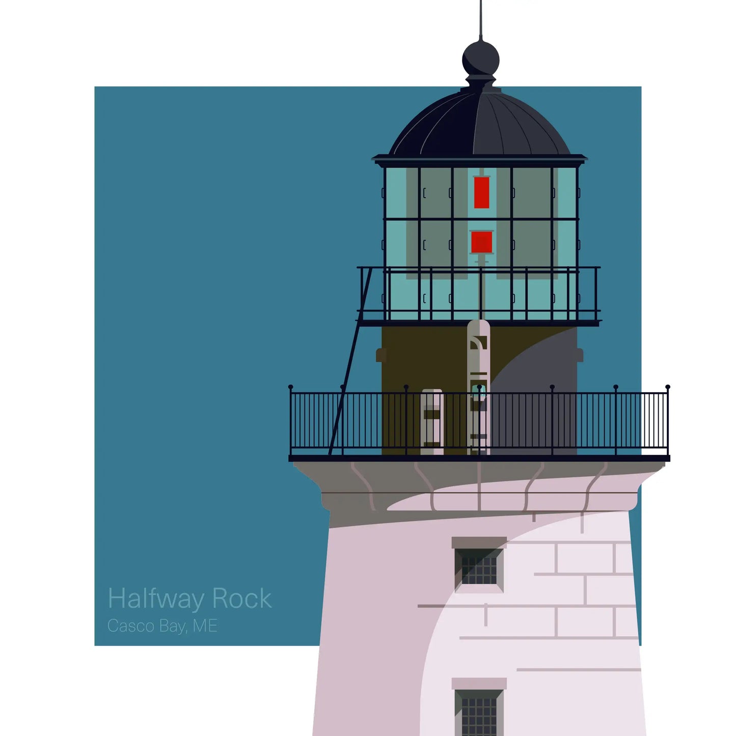 Illustration of Halfway Rock Lighthouse, Maine, USA. A sturdy cylindrical stone tower with black lantern, set against an aqua blue square backdrop.