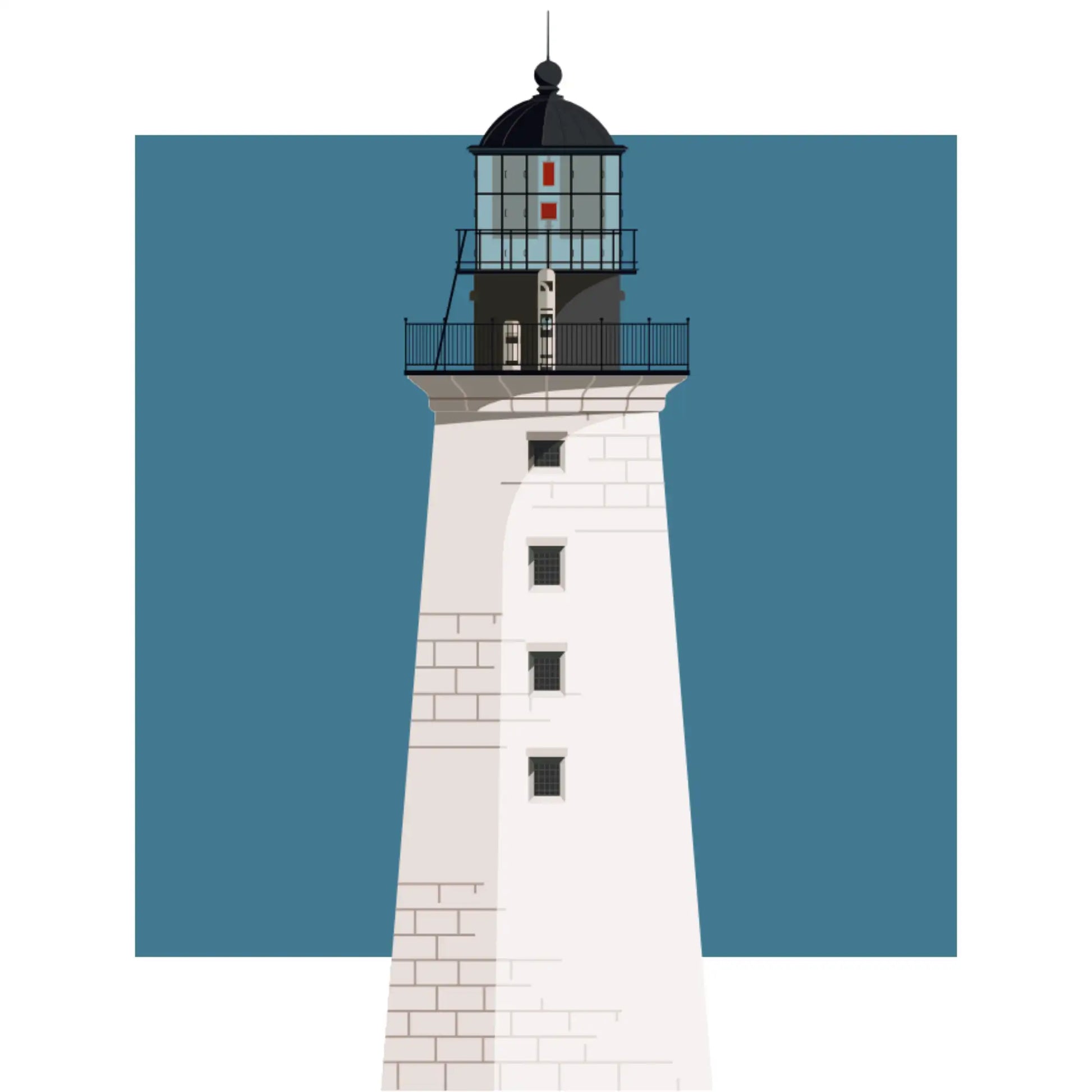 Illustration of the Halfway Rock lighthouse, Maine, USA. On a white background with aqua blue square as a backdrop.