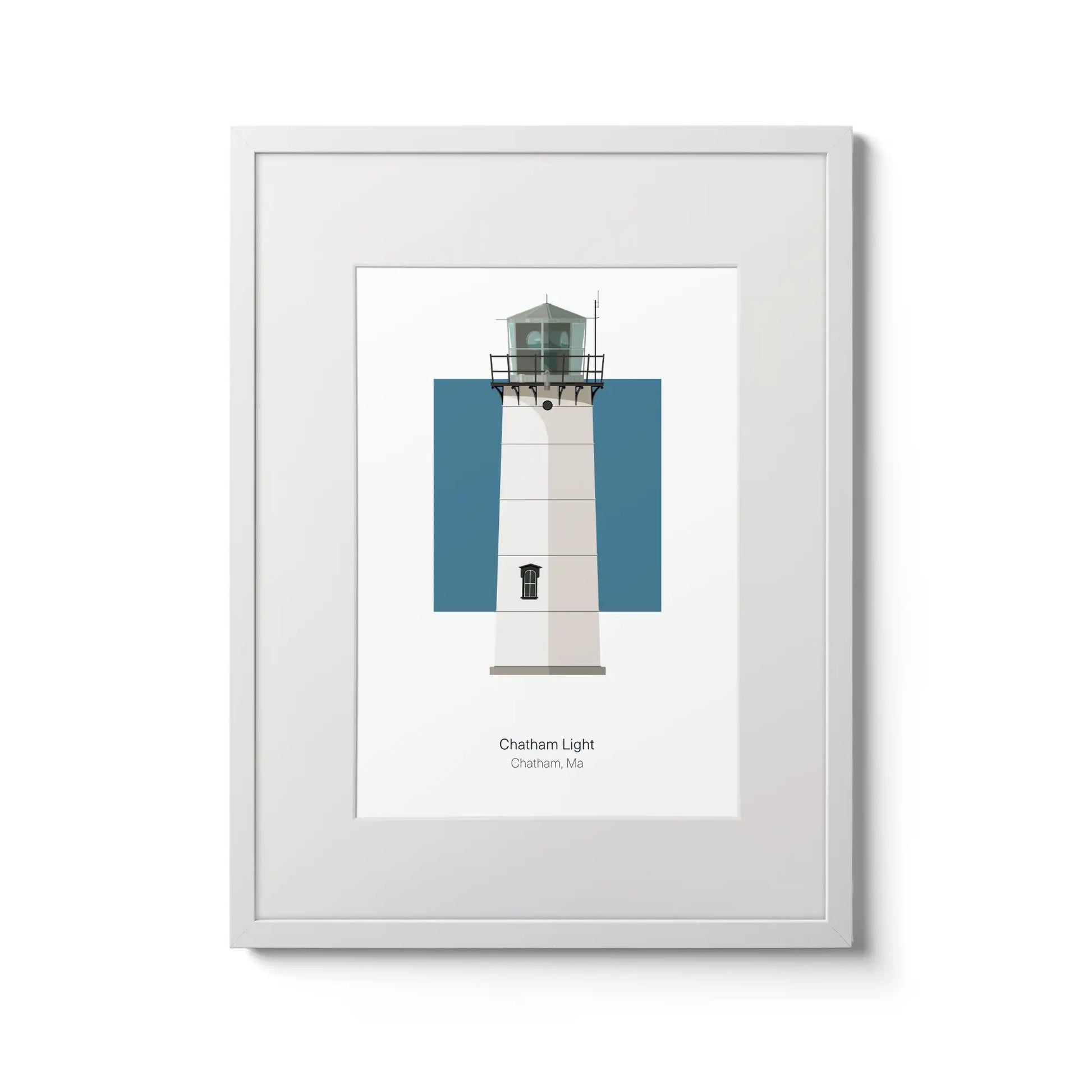 Illustration of the Chatham lighthouse, Maine, USA. On a white background with aqua blue square as a backdrop., in a white frame and measuring 12"x16" (30x40cm).