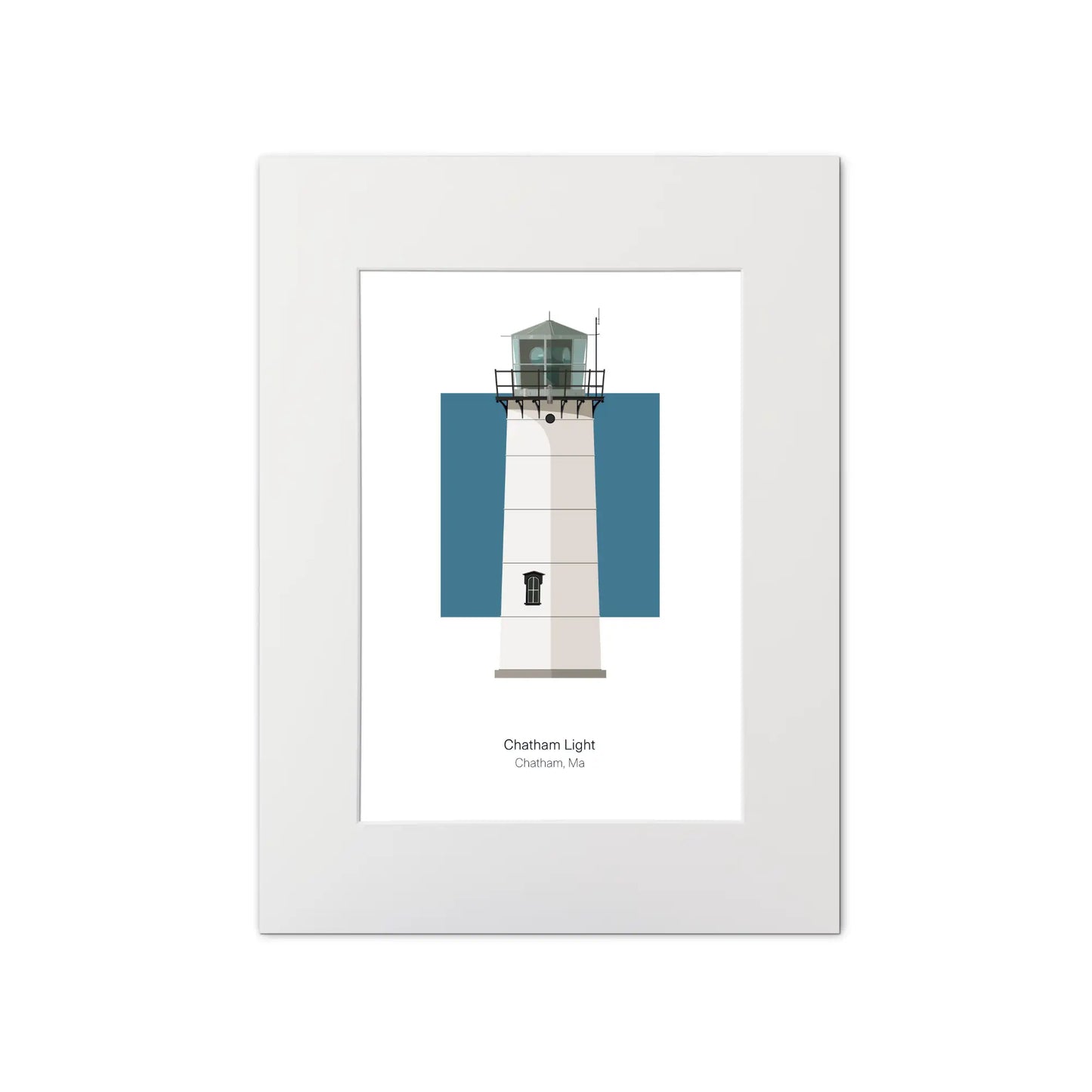 Illustration of the Chatham lighthouse, Maine, USA. On a white background with aqua blue square as a backdrop, mounted and measuring 12"x16" (30x40cm).